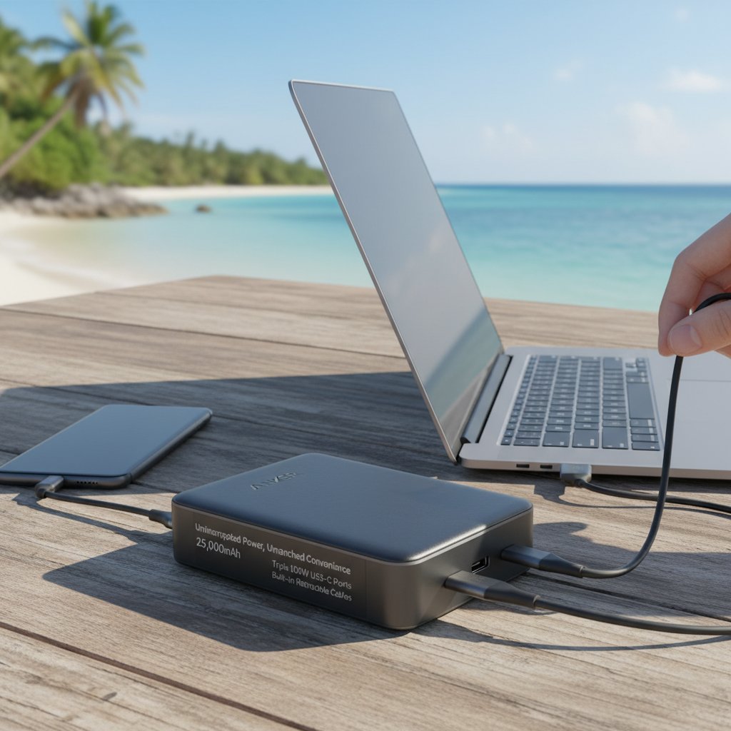 Anker - Uninterrupted Power, Unmatched Convenience: Discover the Anker Laptop Power Bank, 25,000mAh Portable Charger with Triple 100W USB-C Ports and Built-in Retractable Cables