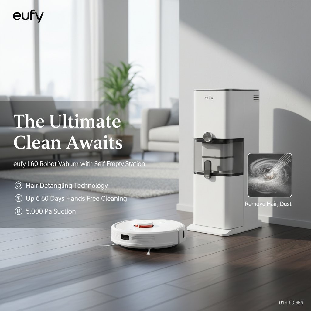 The Ultimate Clean Awaits: Introducing the eufy L60 Robot Vacuum with Self Empty Station, Hair Detangling Technology, Up to 60 Days Hands Free Cleaning, 5,000 Pa Suction, Remove Hair, Dust 01-L60 SES