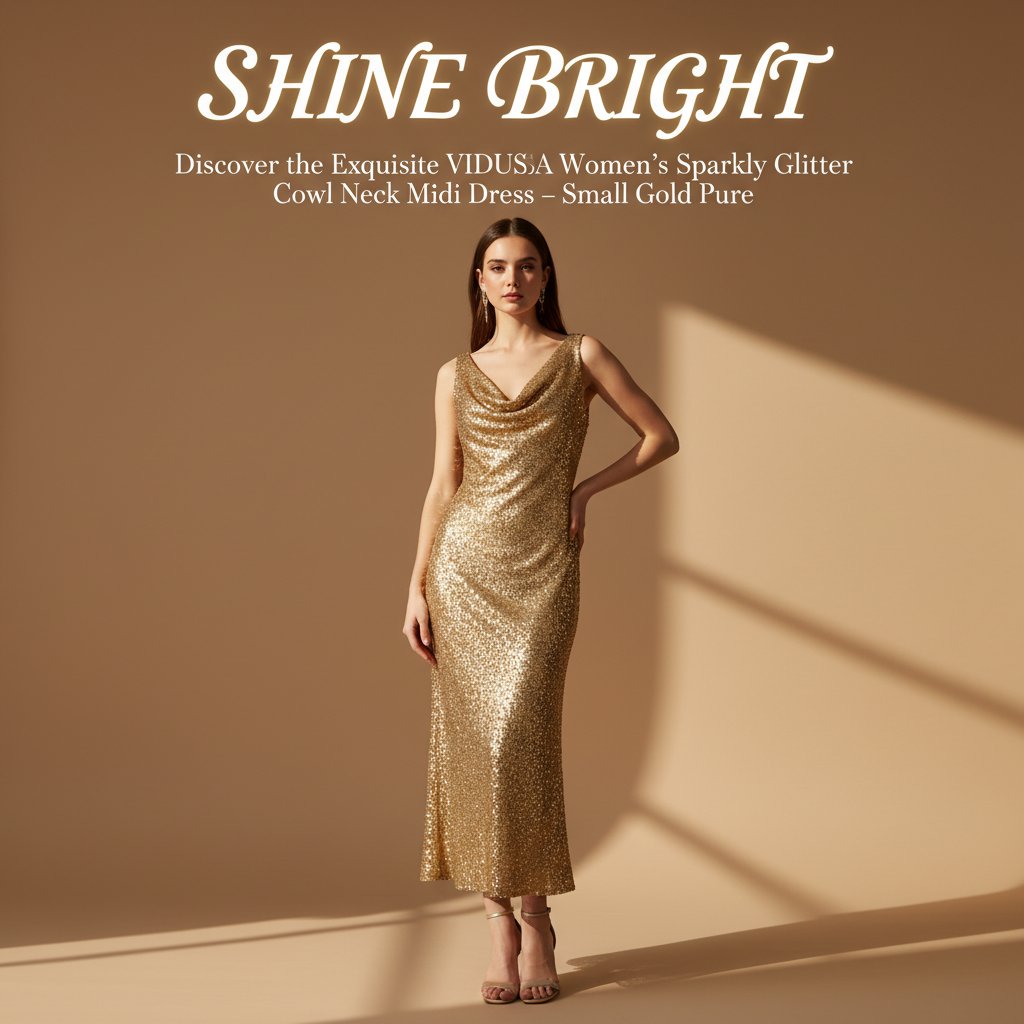 Shine Bright: Discover the Exquisite VIDUSSA Women's Sparkly Glitter Cowl Neck Midi Dress – Small Gold Pure