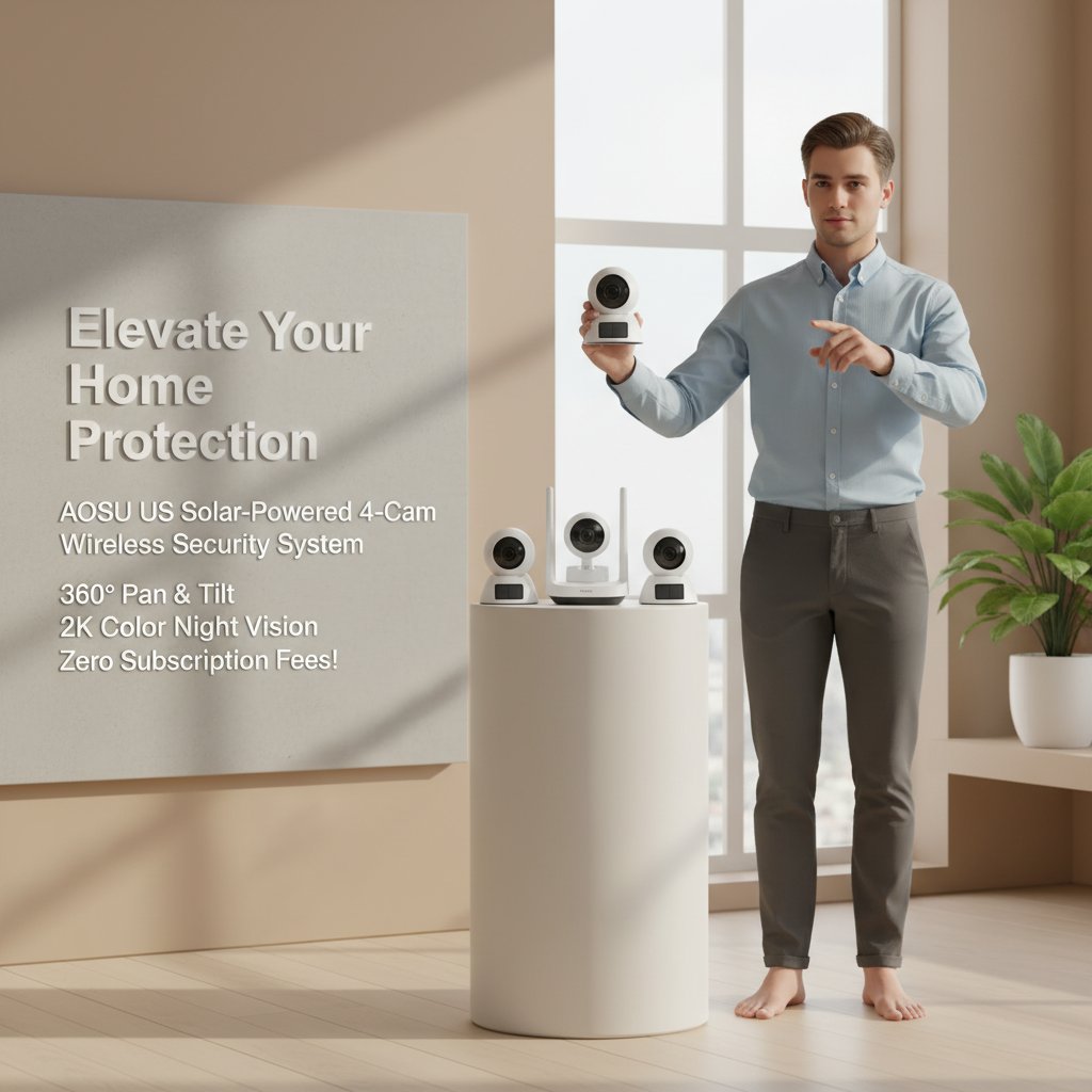Elevate Your Home Protection: Discover the AOSU US Solar-Powered 4-Cam Wireless Security System with 360° Pan & Tilt, 2K Color Night Vision, and Zero Subscription Fees!