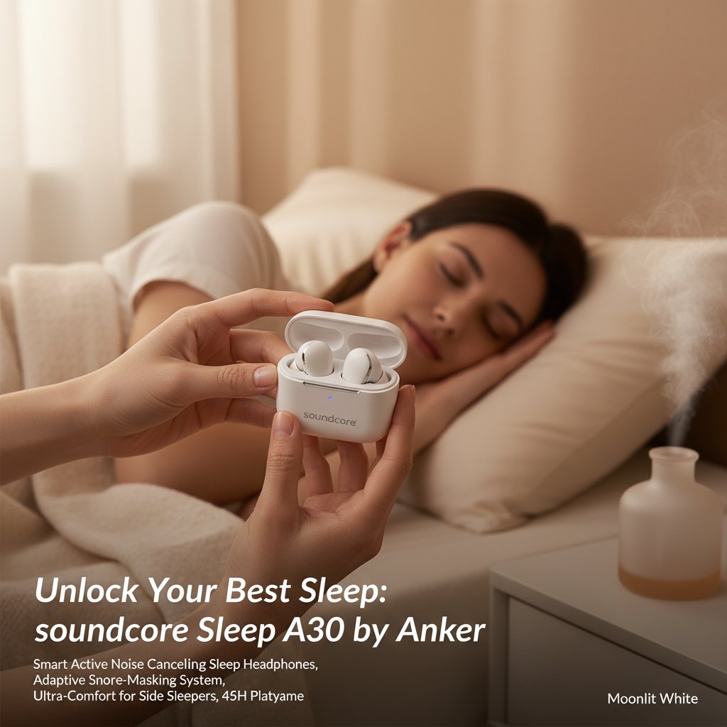 Unlock Your Best Sleep: Introducing the soundcore Sleep A30 by Anker Sleep Earbuds, Smart Active Noise Cancelling Sleep Headphones, Adaptive Snore-Masking System, Ultra-Comfort for Side Sleepers, 45H Playtime Moonlit White