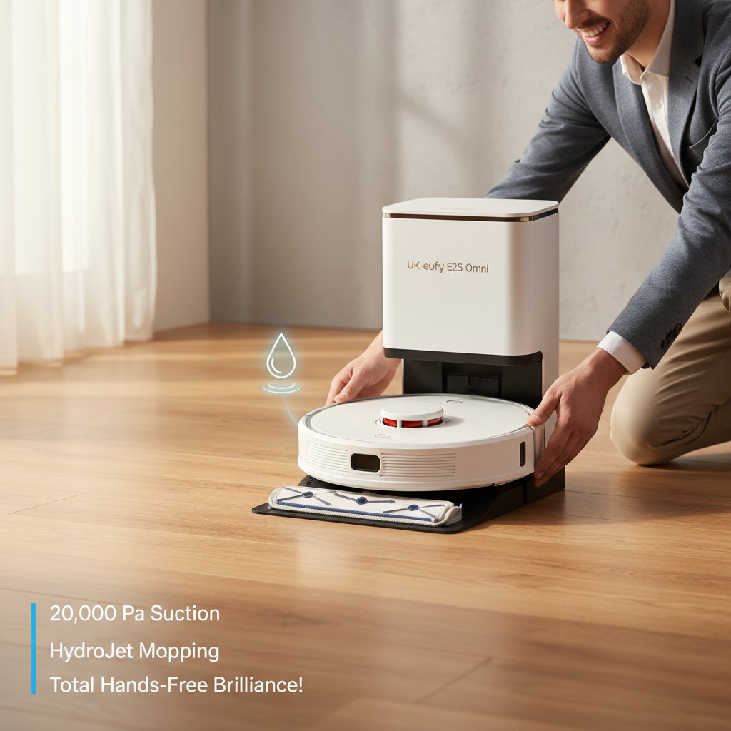 Discover the UK-eufy E25 Omni Robot Vacuum Cleaner: Unleash 20,000 Pa Suction, HydroJet Mopping, and Total Hands-Free Brilliance!