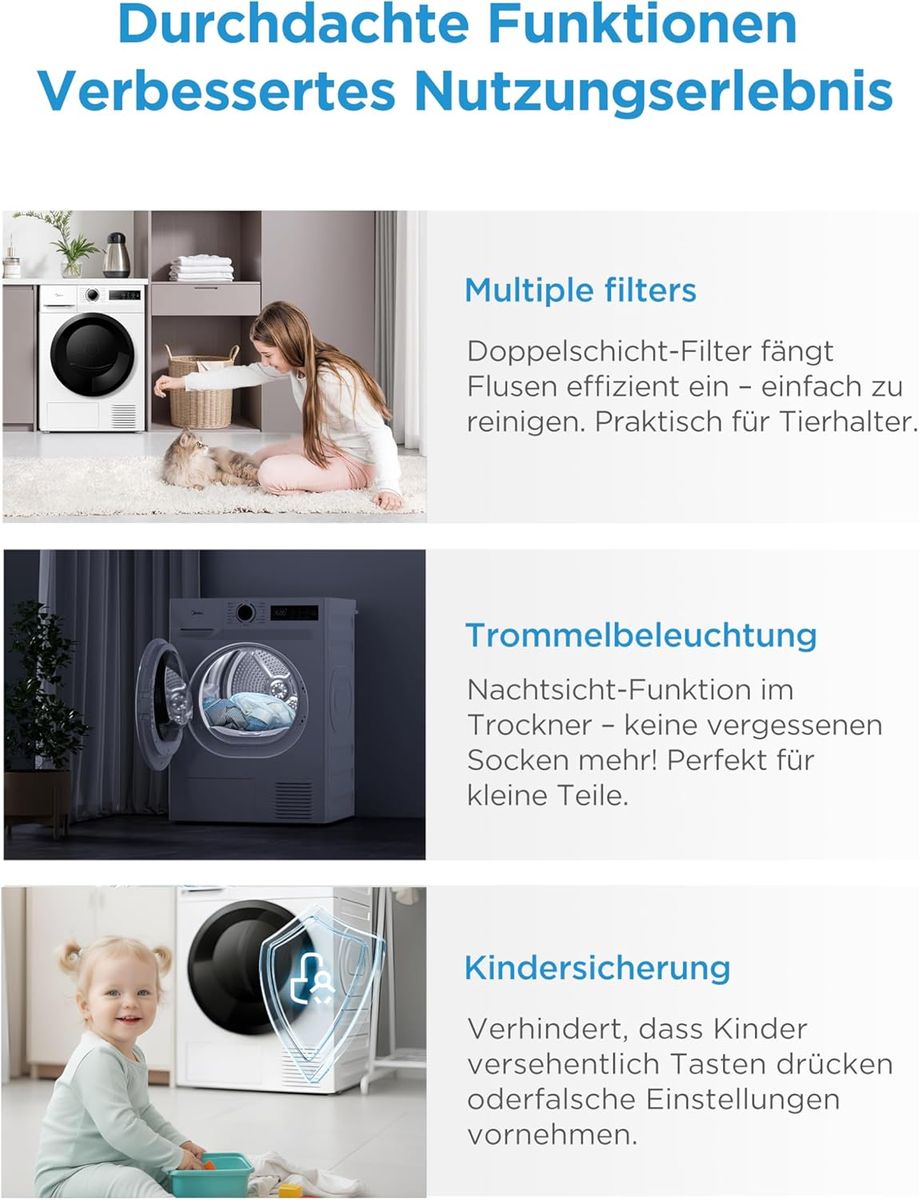 Midea MD11EH80BD: Effizienter 8kg Wärmepumpentrockner mit HealthGuard
