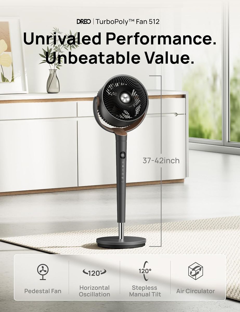 DREO Pedestal Fan – Quiet, Powerful, and Smart for Your Bedroom
