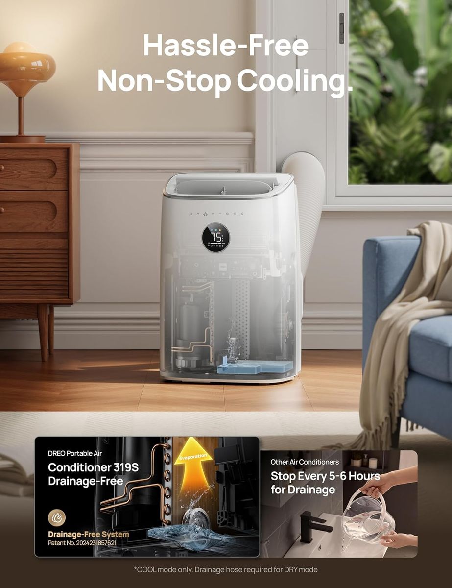 DREO Portable AC 319S: Smart 10000 BTU Cooling, Quiet & Drainage-Free