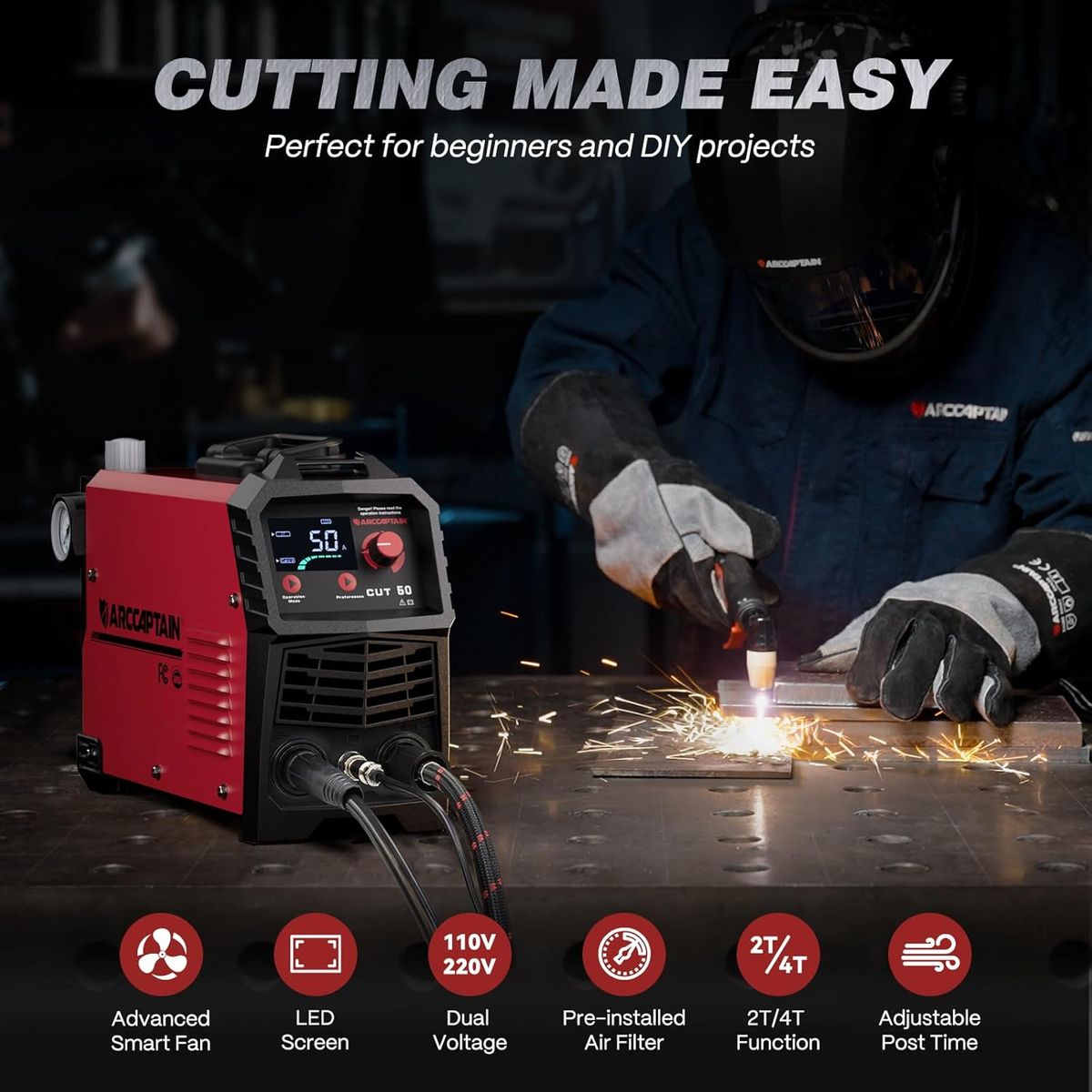 ARCCAPTAIN 50A Plasma Cutter – Large LED, Dual Voltage for DIY