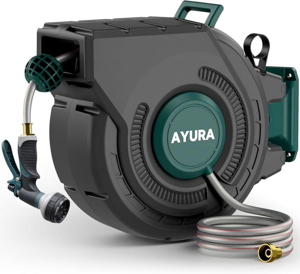 AYURA 100ft Retractable Garden Hose Reel: Heavy Duty & Auto Rewind