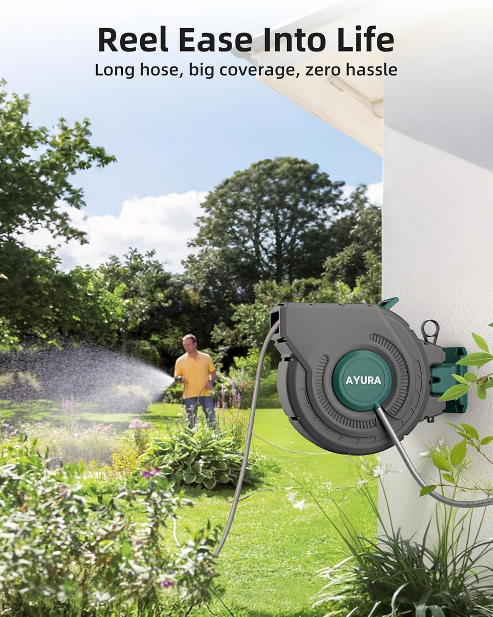 AYURA 100ft Retractable Garden Hose Reel: Heavy Duty & Auto Rewind
