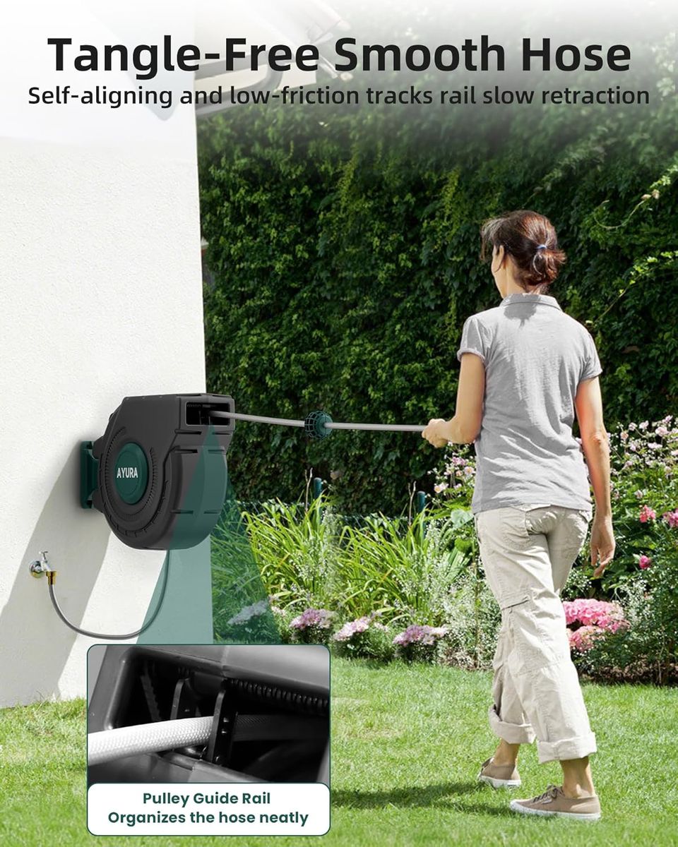 AYURA 100ft Retractable Garden Hose Reel: Heavy Duty & Auto Rewind