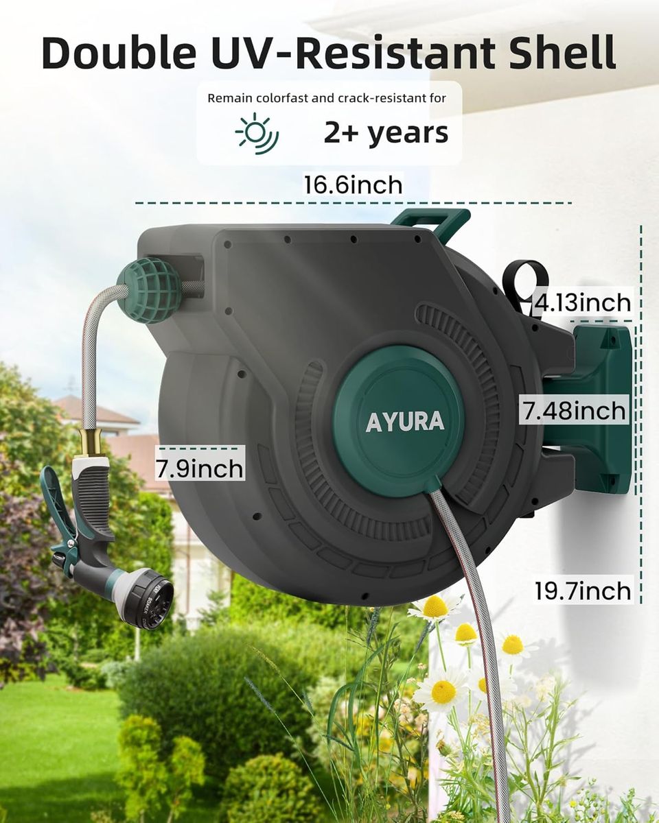 AYURA 100ft Retractable Garden Hose Reel: Heavy Duty & Auto Rewind