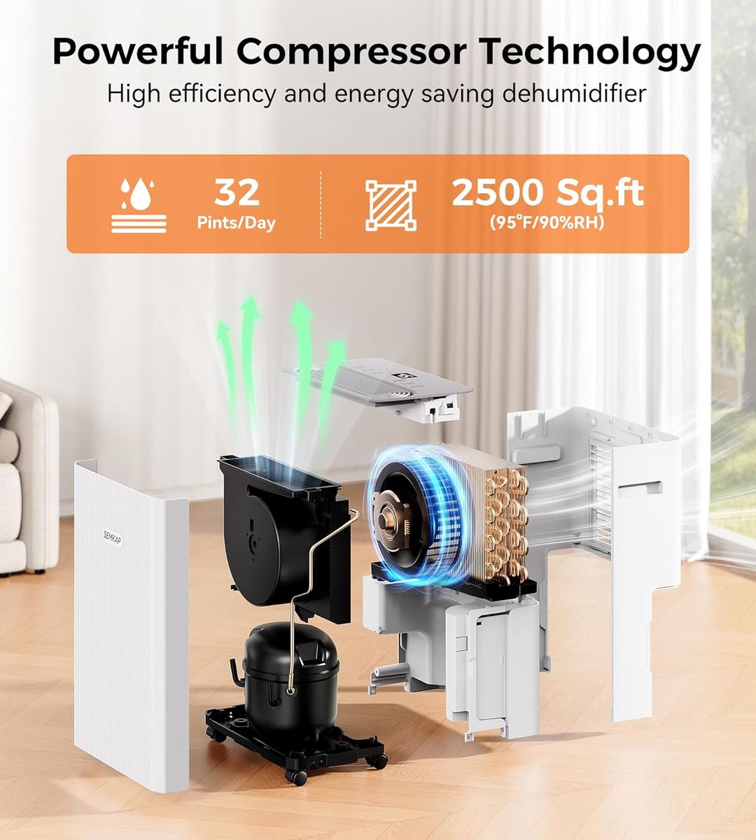 SEMKAP 32-Pint Dehumidifier: 2500 Sq.Ft for Basement & Home
