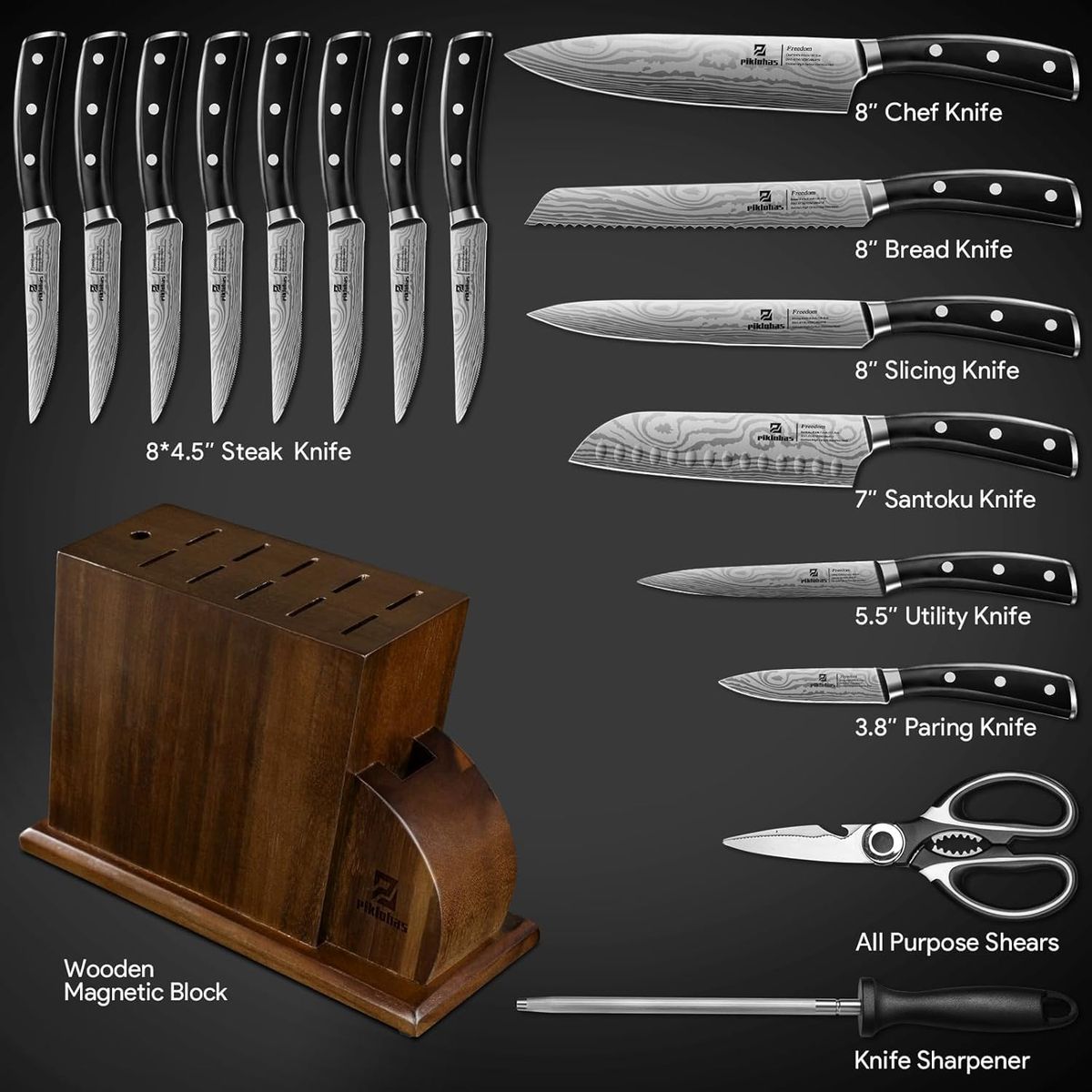 Piklohas 17-Piece Damascus Knife Set with Magnetic Holder