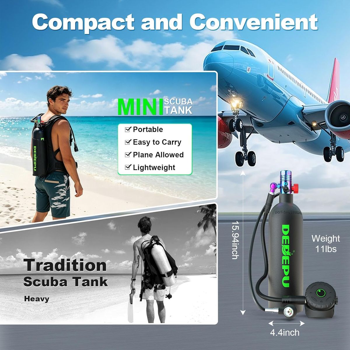 DEDEPU 2.3L Scuba Tank: Mini Diving with Air Pump
