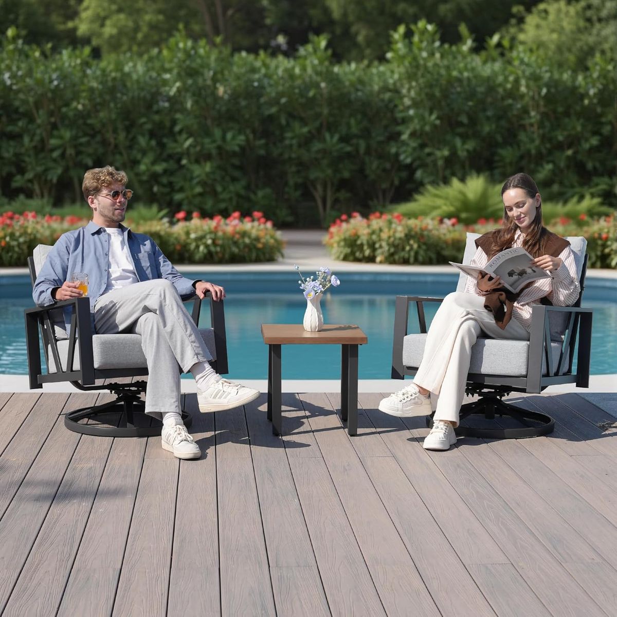 COMLAX FIELD 3-Piece Swivel Rocking Bistro Set with Coffee Table