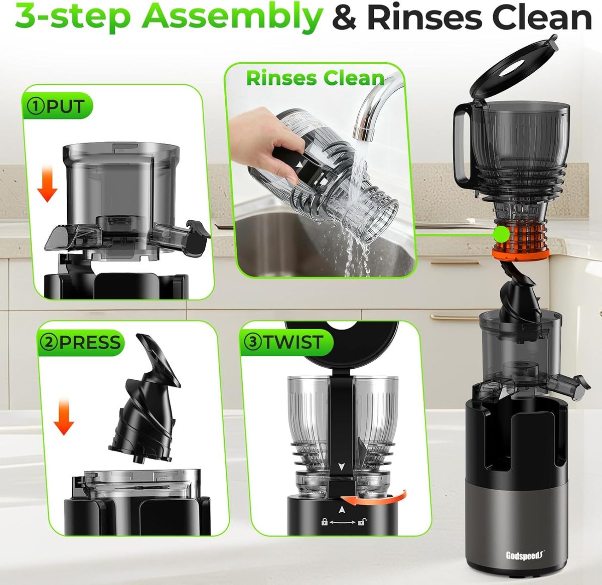 Godspeeds Juicer: Whole Fruit Cold Press with Large Feed Chute