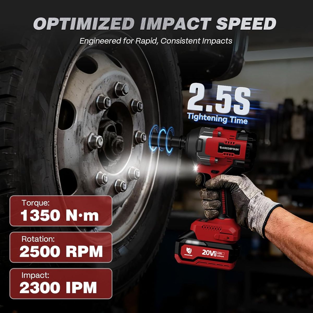 Arccaptain 1500N.m Cordless Impact Wrench for Heavy Trucks