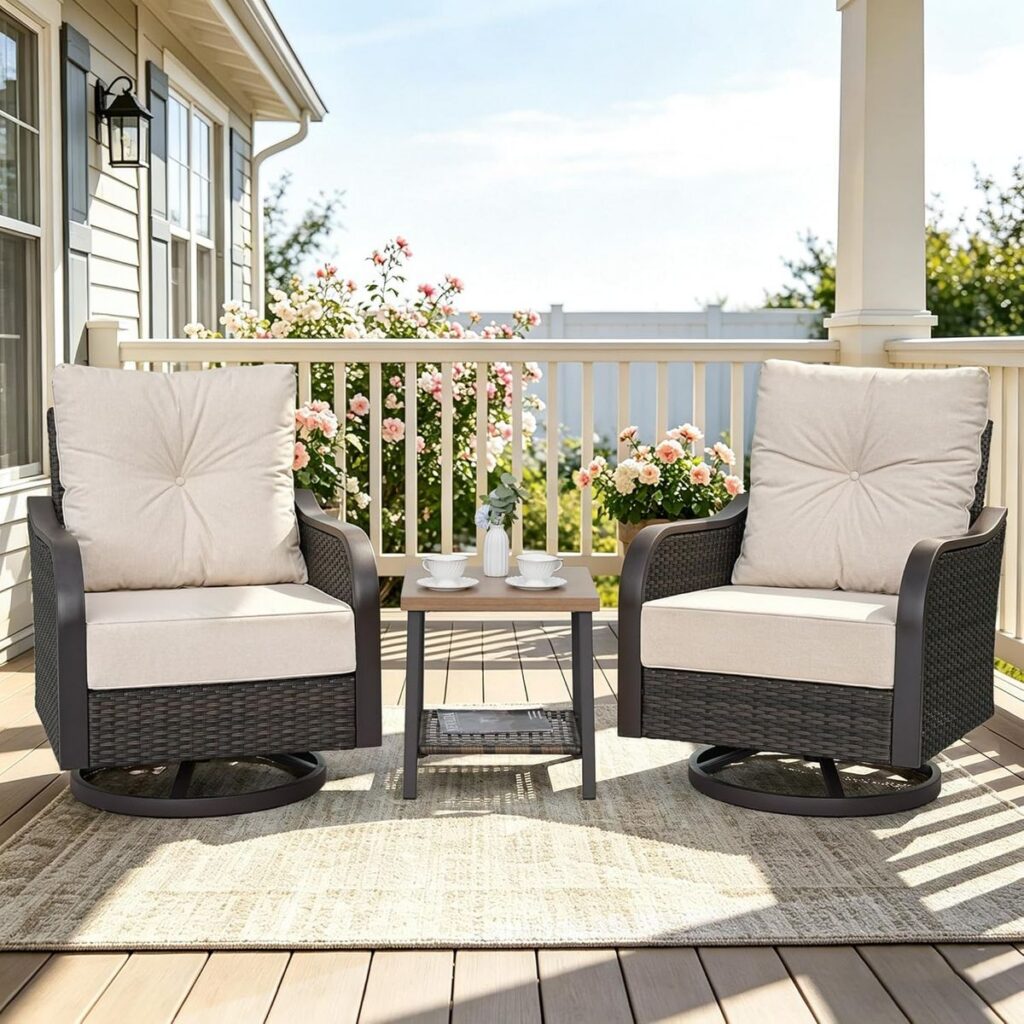 COMLAX FIELD Wicker Swivel Rocker Chairs with Side Table