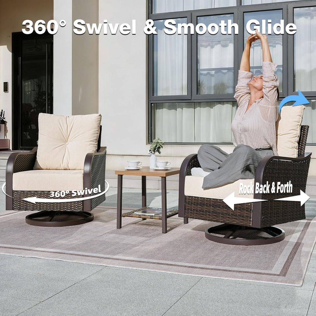 COMLAX FIELD Wicker Swivel Rocker Chairs with Side Table