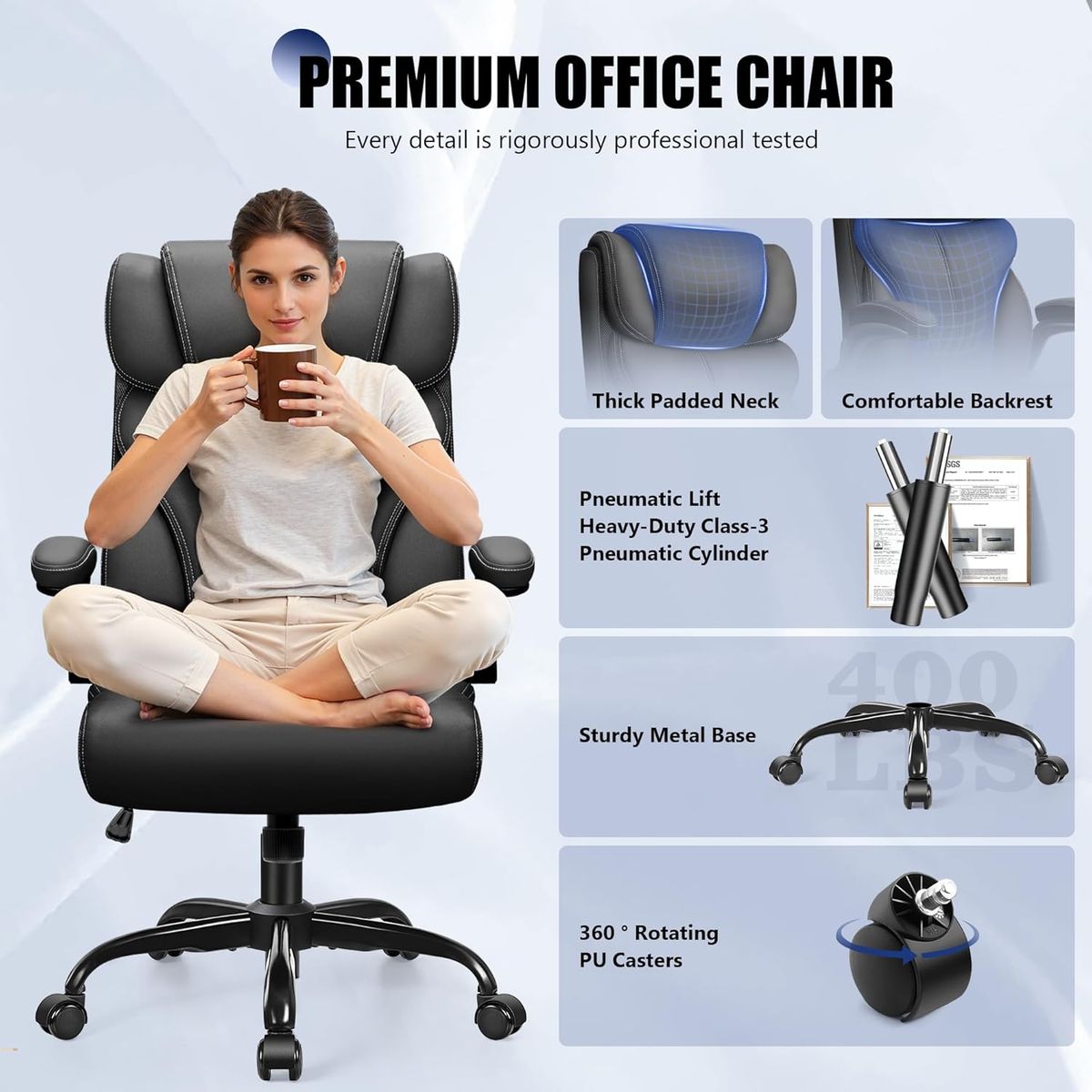 Primy Ergonomic Leather Office Chair with Footrest & Lumbar Support