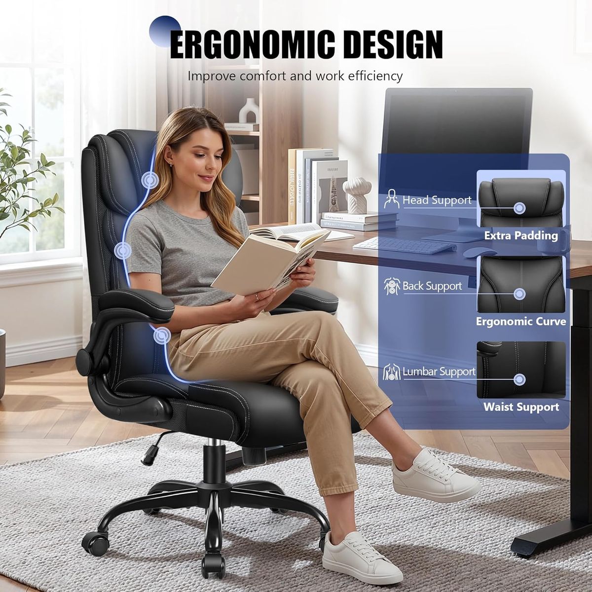 Primy Ergonomic Leather Office Chair with Footrest & Lumbar Support