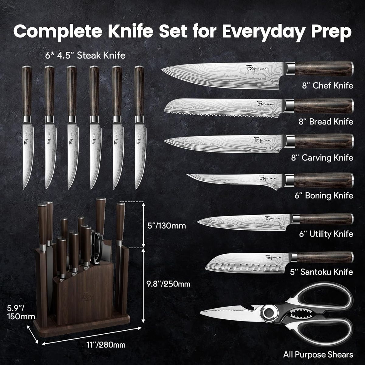 SYOKAMI 15-Piece Knife Set with Magnetic Block & Sharpener
