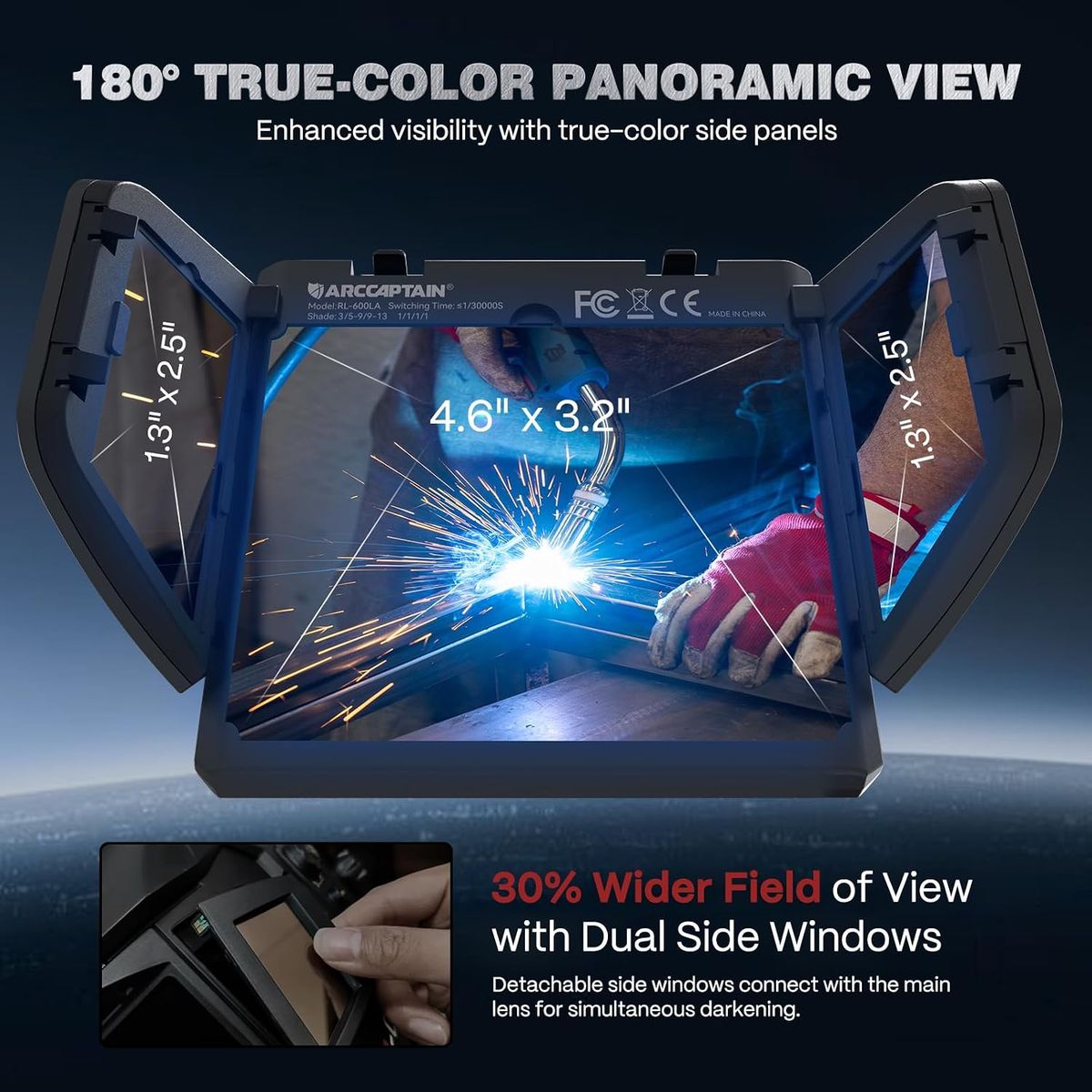 Arccaptain Intelligent Auto-Shade Welding Helmet: 180° View