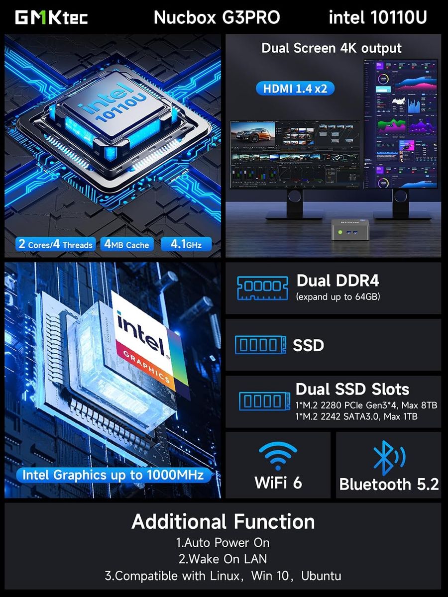 GMKtec G3 PRO Mini PC: i3-10110U, 16GB RAM, 4K Dual HDMI